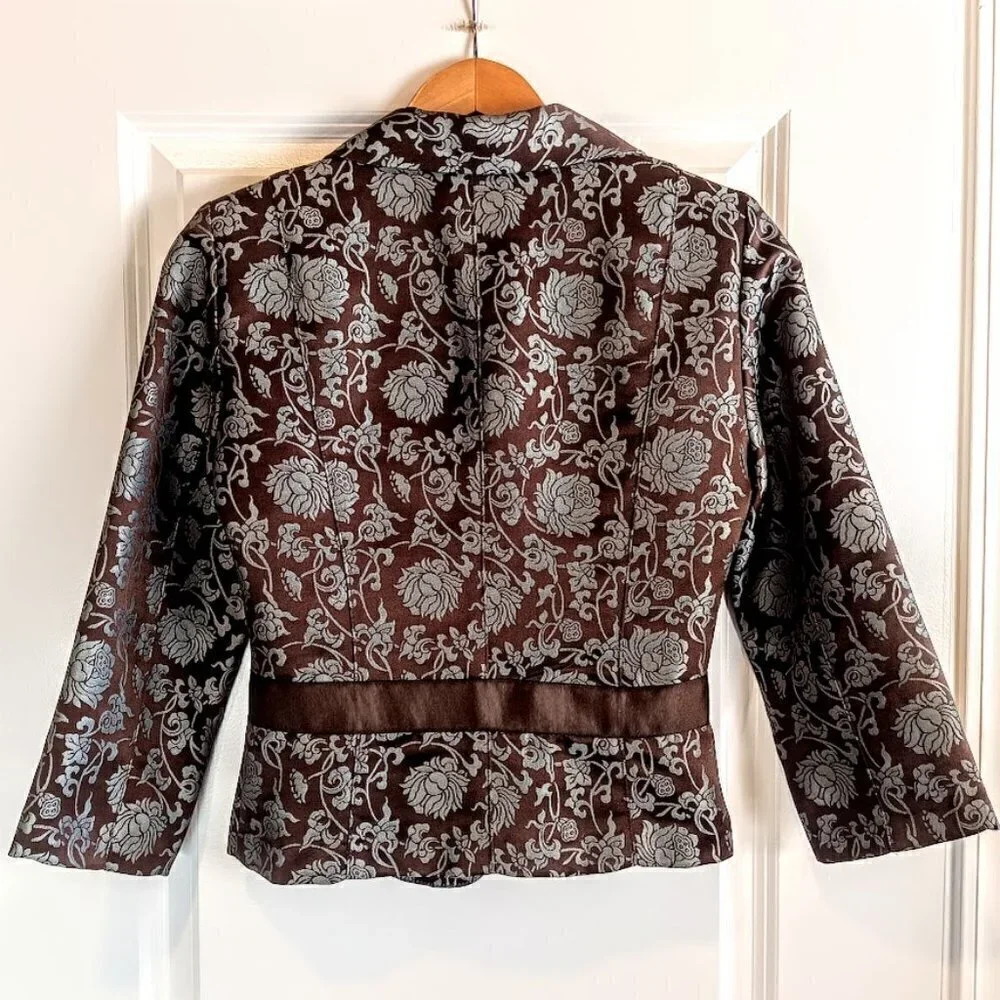 Zinc Brown Blue Floral Jacquard Tie Waist Blazer